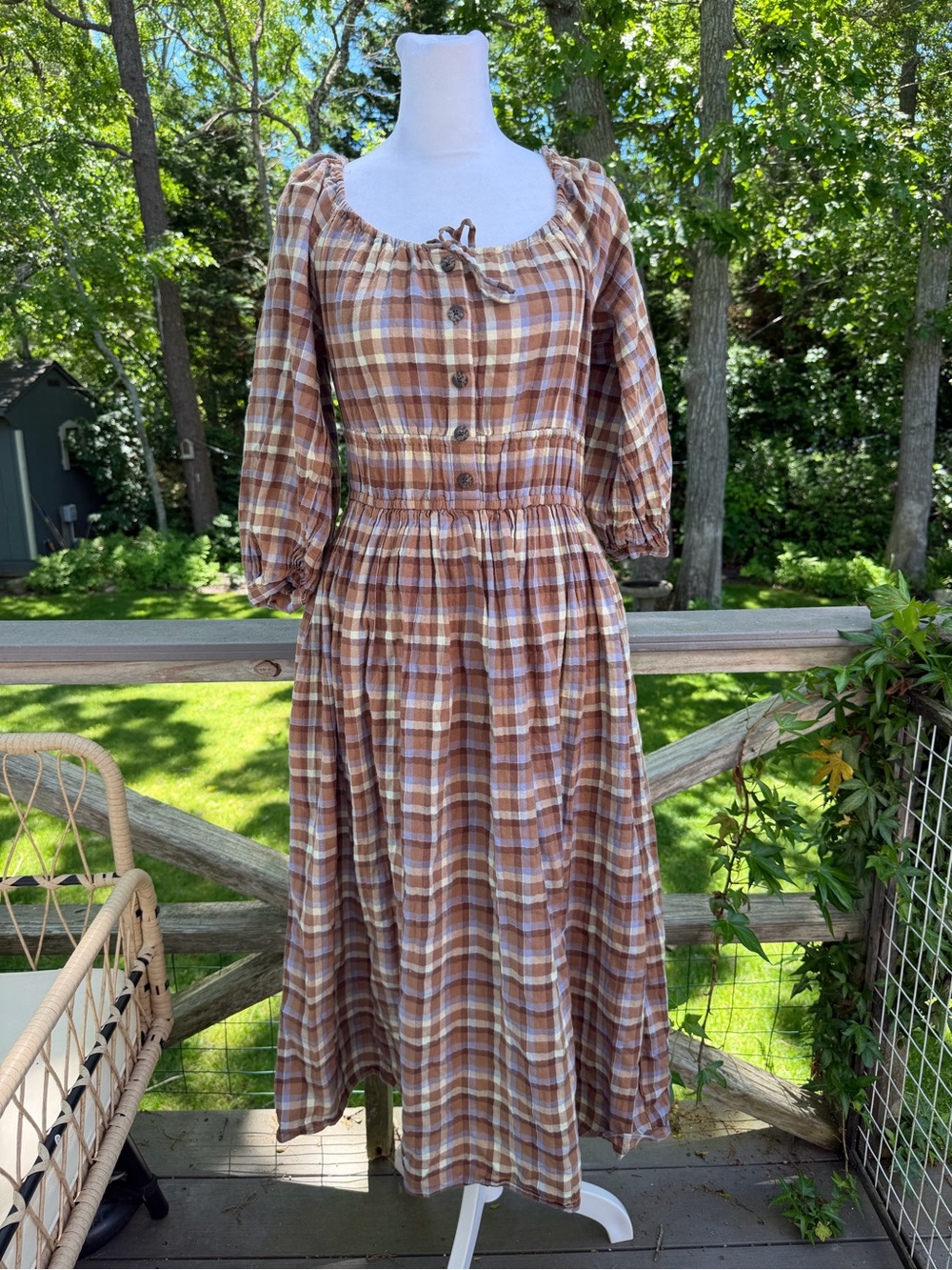 Madewell Indie Midi Dress XXS Brown Plaid Cotton Cottagecore Peasant Dress